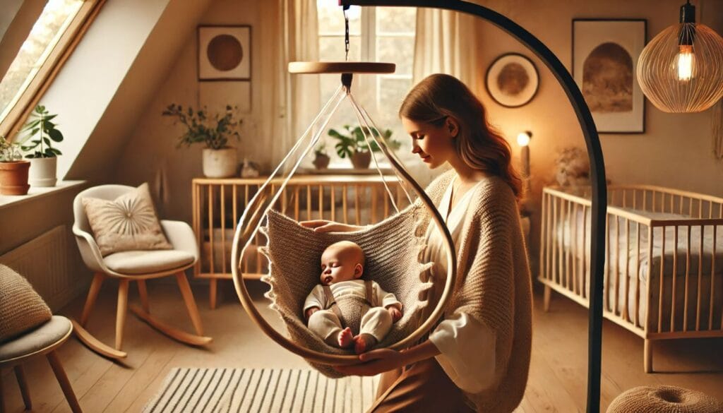 Baby som sover i slyngevugge